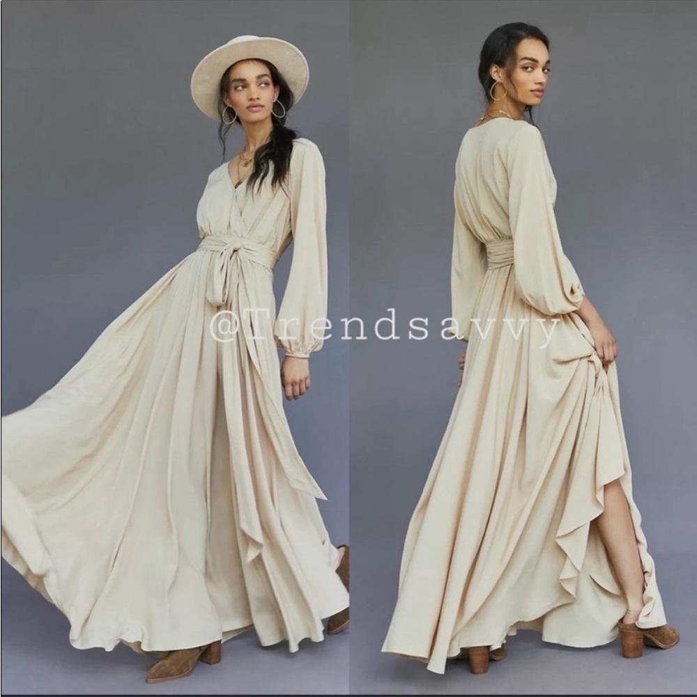 Anthropologie Erika Pena Cream Wrap Maxi Dress Boho Size L/XL NWT